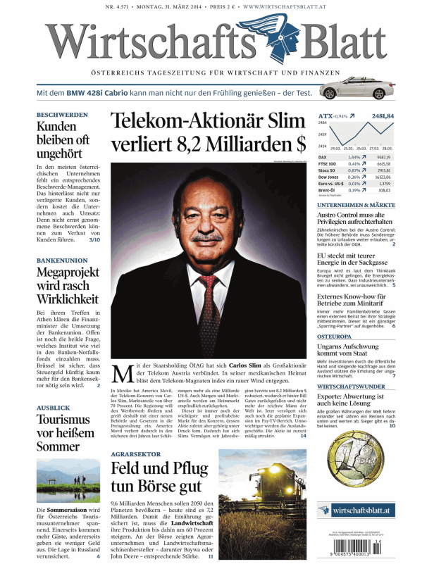 Titelseite des „Wirtschaftsblatt“ vom 31. März 2014 mit einem Artikel über Carlos Slim.