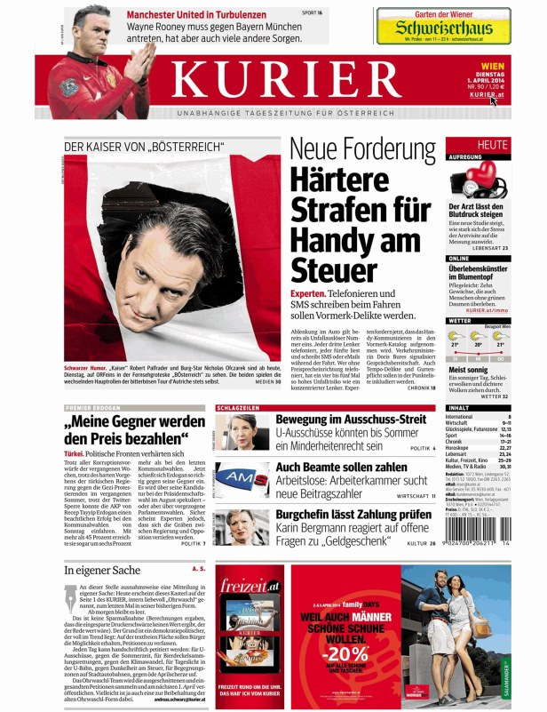 Titelseite des Kurier vom 1. April 2014 mit Robert Palfrader als „Kaiser von BÖsterreich“.