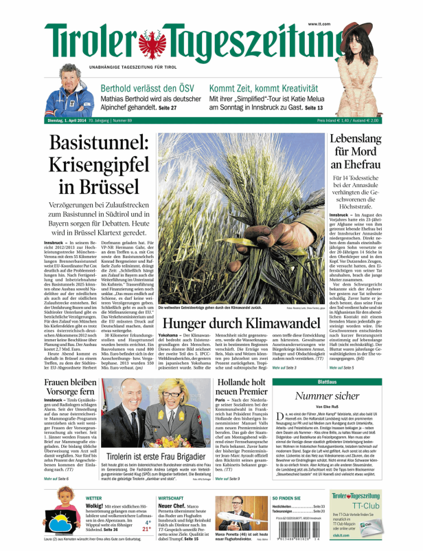 Titelseite der Tiroler Tageszeitung vom 1. April 2014.