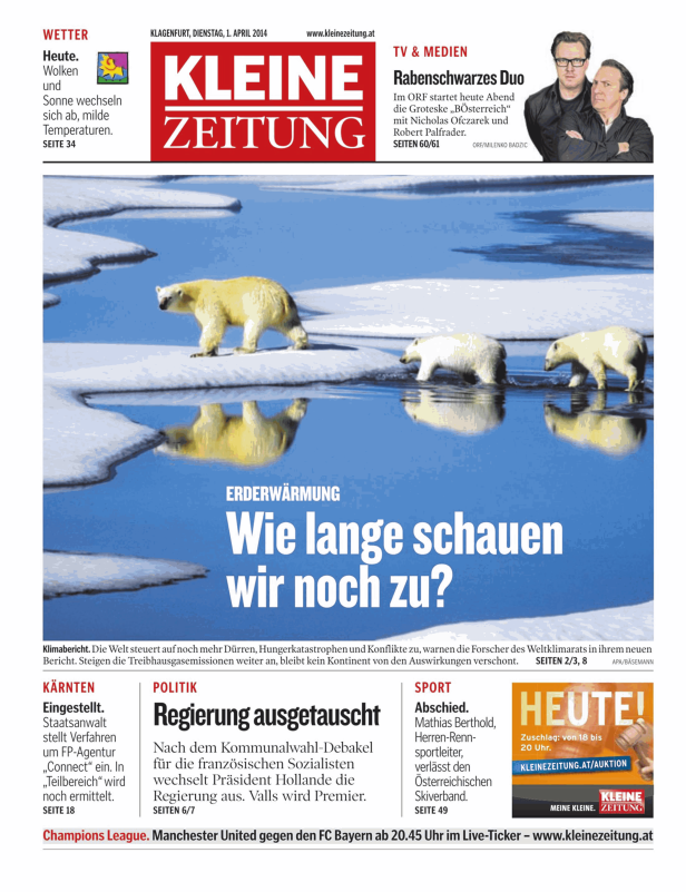 Titelseite der Kleinen Zeitung vom 1. April 2014 mit Artikel zur Erderwärmung und Eisbären im Wasser.