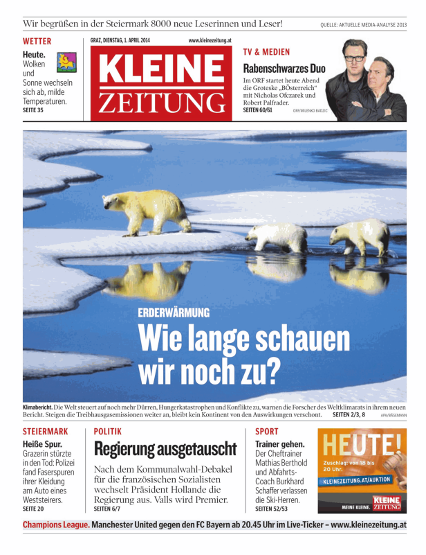 Titelseite der Kleinen Zeitung mit einem Bild von Eisbären auf einer Eisscholle.