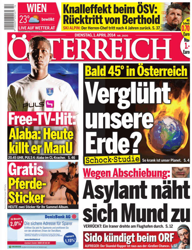 Titelseite der österreichischen Zeitung „Österreich“ vom 1. April 2014.