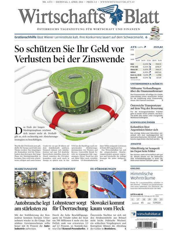 Titelseite des WirtschaftsBlatt vom 1. April 2014 mit einer 10-Euro-Banknote in einem Rettungsring.