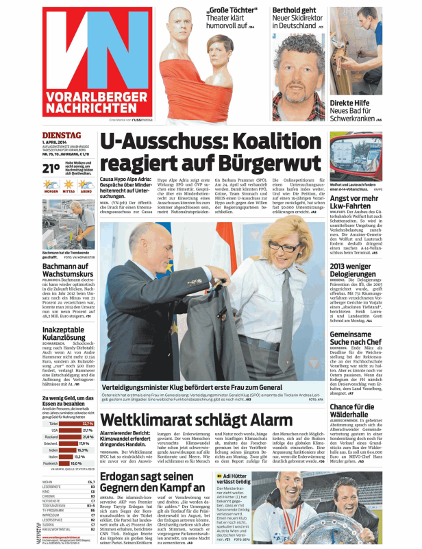 Titelseite der Vorarlberger Nachrichten vom 1. April 2014.