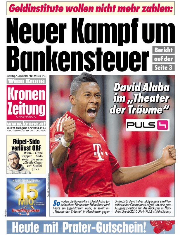 Titelseite der Kronen Zeitung mit einem Foto von David Alaba im roten Trikot.