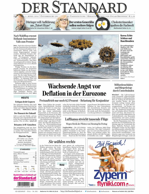 Titelseite der Zeitung „Der Standard“ vom 1. April 2014.