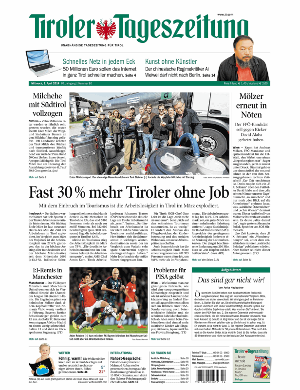 Die Titelseite der Tiroler Tageszeitung vom 2. April 2014 mit verschiedenen Artikeln.