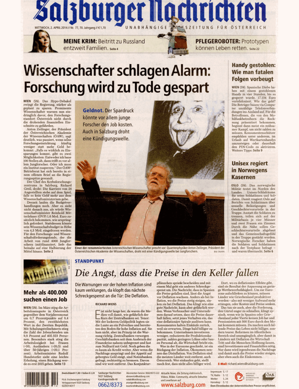 Titelseite der Salzburger Nachrichten vom 2. April 2014 mit Artikeln zu Wirtschaft, Politik und Technologie.