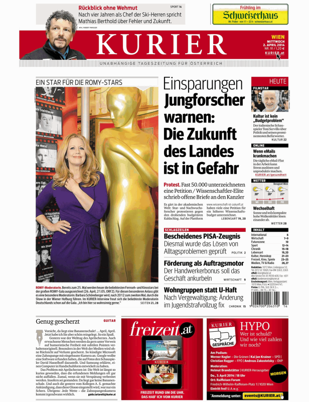 Titelseite des Kurier vom 2. April 2014 mit Barbara Schöneberger neben einer goldenen Romy-Statue.
