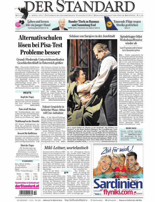 Titelseite der Zeitung Der Standard vom 2. April 2014.