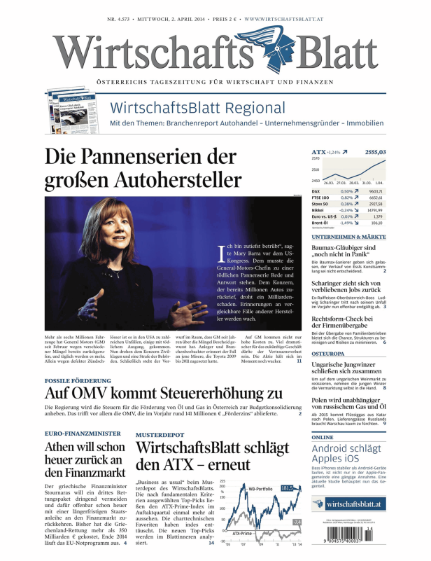 Titelseite des „WirtschaftsBlatt“ vom 2. April 2014 mit Artikeln zu Wirtschaft und Finanzen.