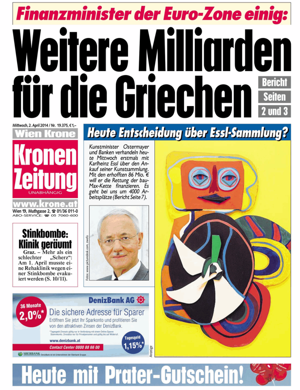 Titelseite der „Kronen Zeitung“ vom 2. April 2014 mit Schlagzeilen zu Griechenland und der Essl-Sammlung.