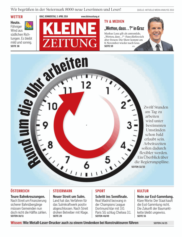 Titelseite der Kleinen Zeitung mit einer Uhr, die flexible Arbeitszeiten thematisiert.