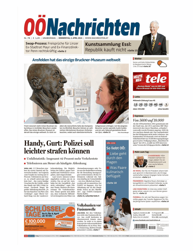 Titelseite der OÖNachrichten vom 3. April 2014 mit Artikeln zu verschiedenen Themen.
