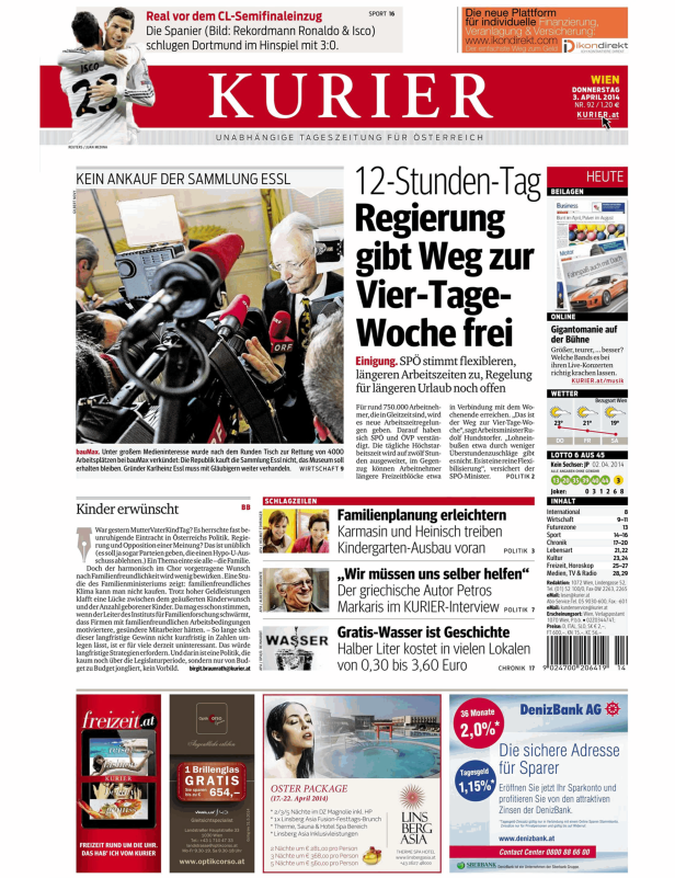 Titelseite der Zeitung „Kurier“ vom 3. April 2014.