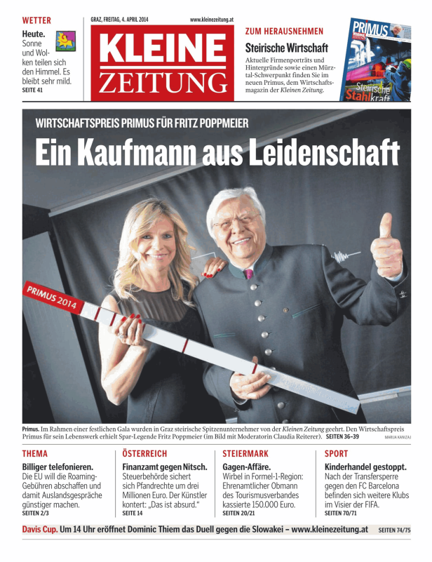 Titelseite der Kleinen Zeitung vom 4. April 2014 mit Fritz Poppmeier und Claudia Reiterer bei der Primus-Verleihung.