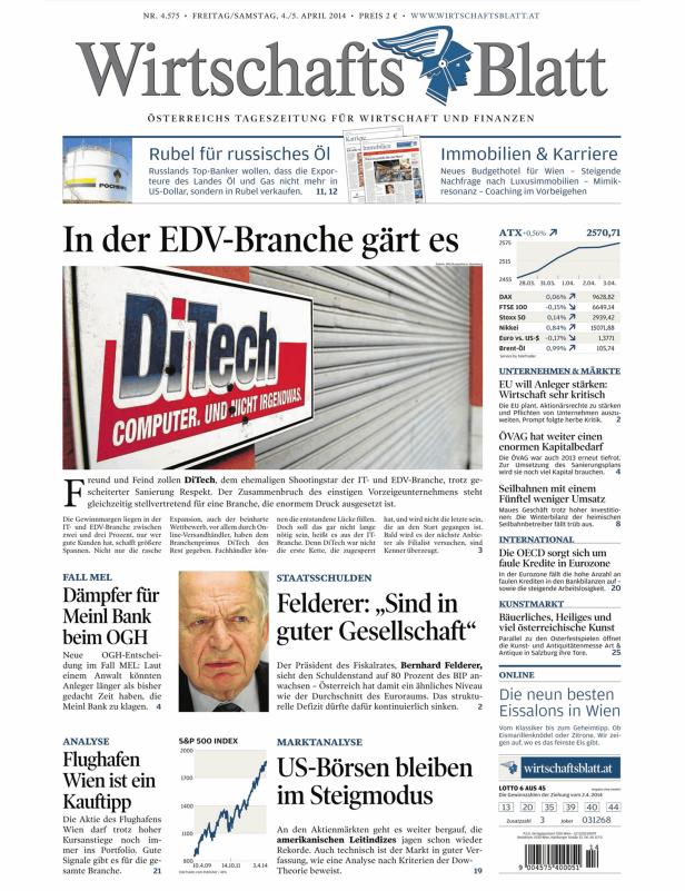 Titelseite des WirtschaftsBlatt vom 4./5. April 2014.