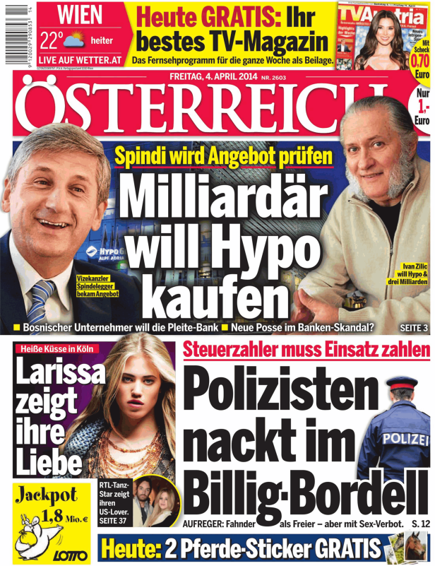 Titelseite der österreichischen Zeitung „Österreich“ vom 4. April 2014.