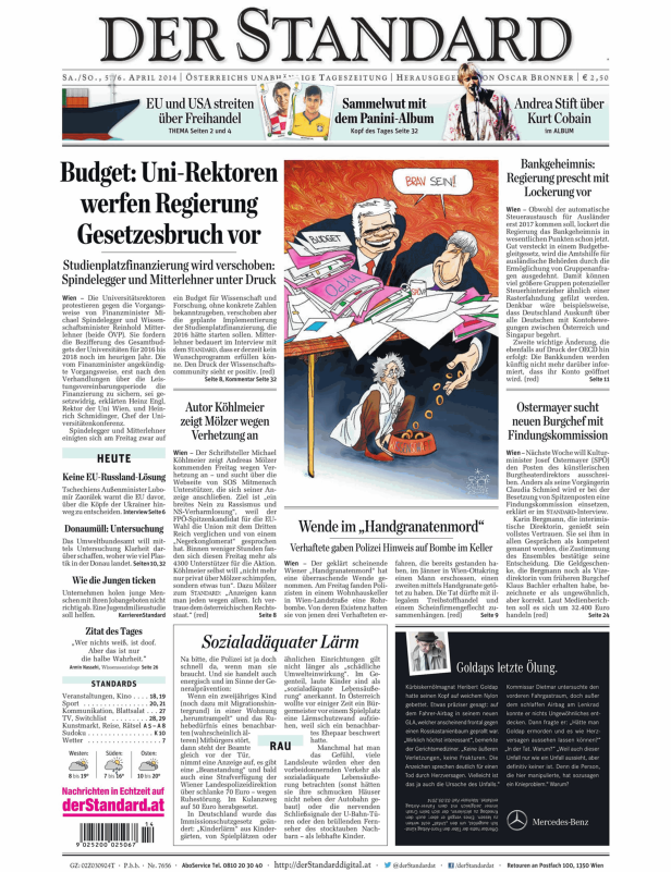 Titelseite der Zeitung Der Standard vom 5./6. April 2014.