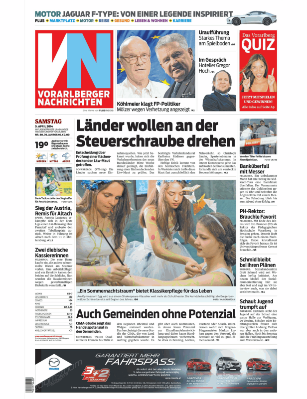 Titelseite der Vorarlberger Nachrichten vom 5. April 2014.