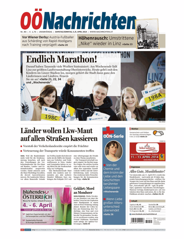 Titelseite der Oberösterreichischen Nachrichten vom 5./6. April 2014 mit Ankündigungen zu Marathon, LKW-Maut und einem Mordfall.