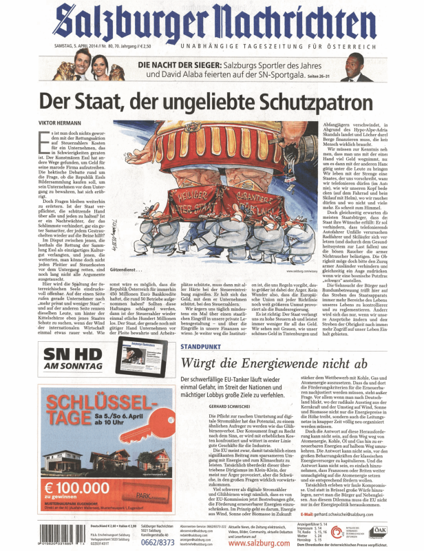 Karikatur in den Salzburger Nachrichten über den Staat als Schutzpatron.