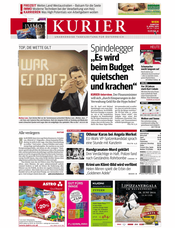 Titelseite der Zeitung „Kurier“ vom 5. April 2014 mit Nachrichten und Werbung.