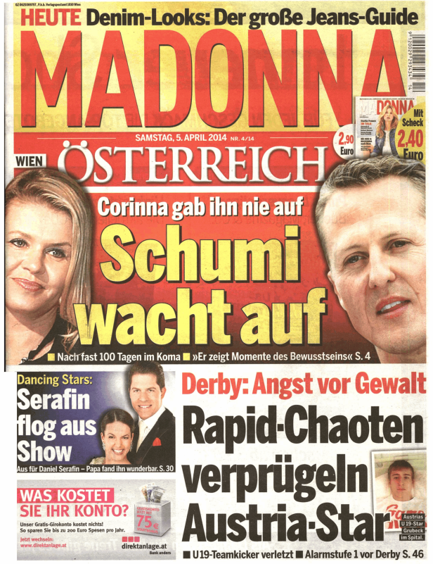 Titelseite der Zeitschrift „Madonna“ vom 5. April 2014 mit Schlagzeilen zu Michael Schumacher.