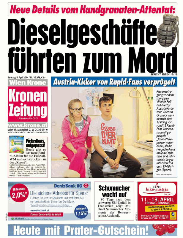Ein verletzter Fußballspieler und seine Freundin sitzen im Krankenhaus, laut „Kronen Zeitung“.