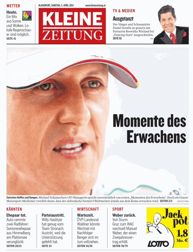 Michael Schumacher auf der Titelseite der Kleinen Zeitung zum Thema „Momente des Erwachens“.