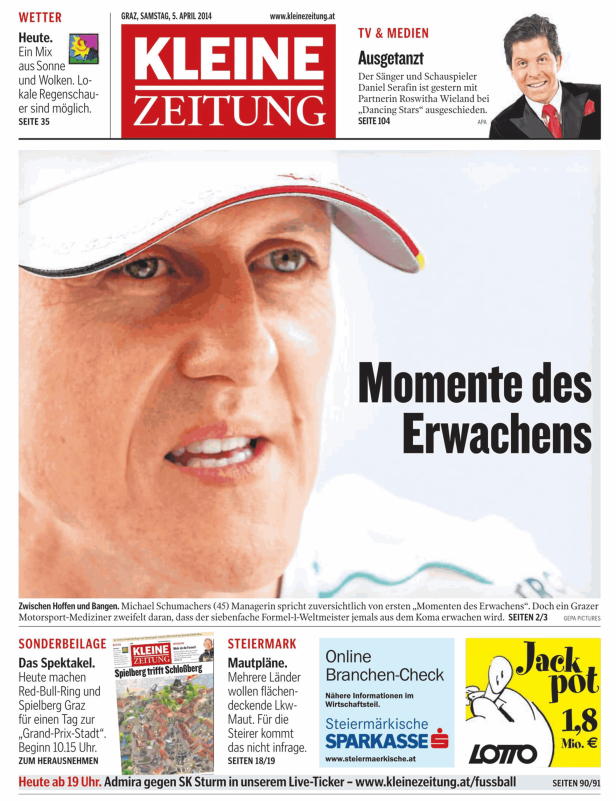 Titelseite der Kleinen Zeitung vom 5. April 2014 mit einem Artikel über Michael Schumacher.