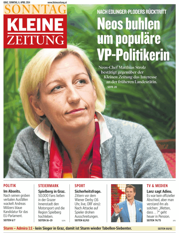 Porträt einer Frau auf der Titelseite der Kleinen Zeitung vom 6. April 2014.