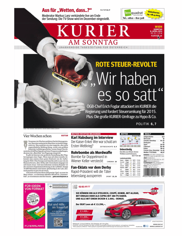 Titelseite des Kurier am Sonntag, 6. April 2014, mit Artikeln zu Steuern, Politik und einem Interview mit Karl Habsburg.`