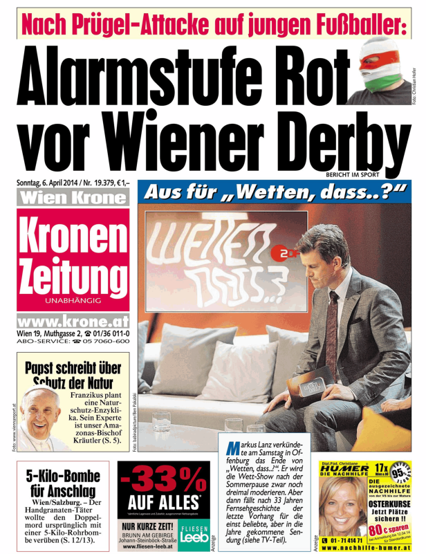 Titelseite der „Kronen Zeitung“ vom 6. April 2014 mit Artikeln zu verschiedenen Themen.
