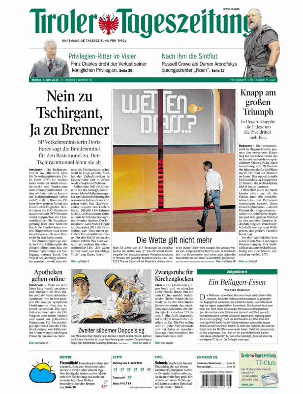 Titelseite der Tiroler Tageszeitung vom 7. April 2014.
