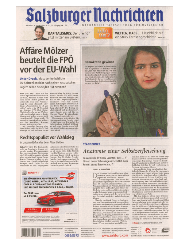 Titelseite der Salzburger Nachrichten vom 7. April 2014.