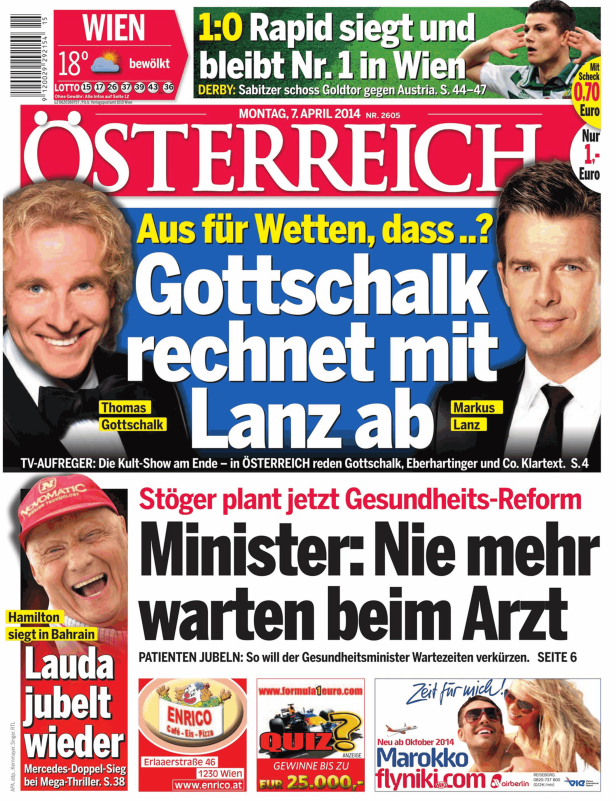 Titelseite der österreichischen Zeitung „Österreich“ vom 7. April 2014 mit Bildern von Gottschalk und Lanz.