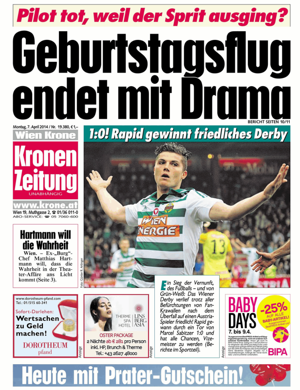 Titelseite der Kronen Zeitung mit einem Artikel über das Wiener Derby, das Rapid mit 1:0 gewann.