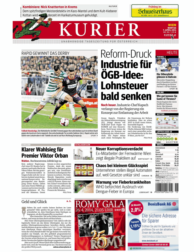 Titelseite des Kurier vom 7. April 2014 mit Nachrichten zu Politik, Sport und Kultur.