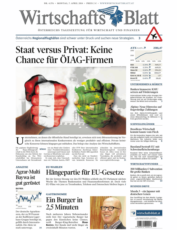 Titelseite des WirtschaftsBlatt vom 7. April 2014 mit Artikeln zu Wirtschaft und Finanzen.