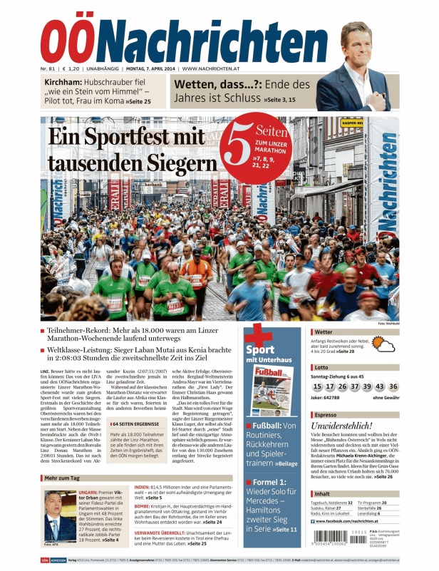 Titelseite der OÖNachrichten vom 7. April 2014 mit einem Foto des Linzer Marathonlaufs.