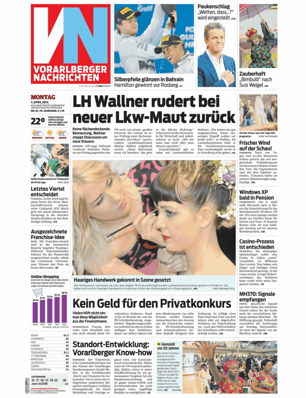 Titelseite der Vorarlberger Nachrichten vom 7. April 2014.