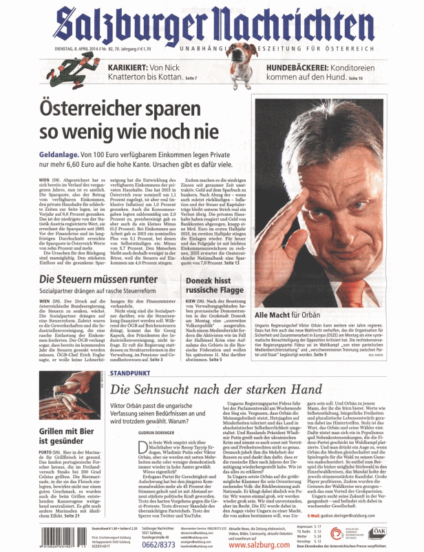 Titelseite der Salzburger Nachrichten vom 8. April 2014.