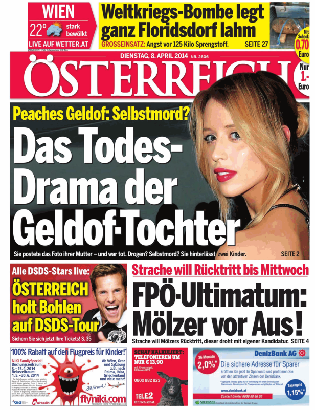 Titelseite der österreichischen Zeitung „Österreich“ vom 8. April 2014 mit einem Artikel über Peaches Geldof.