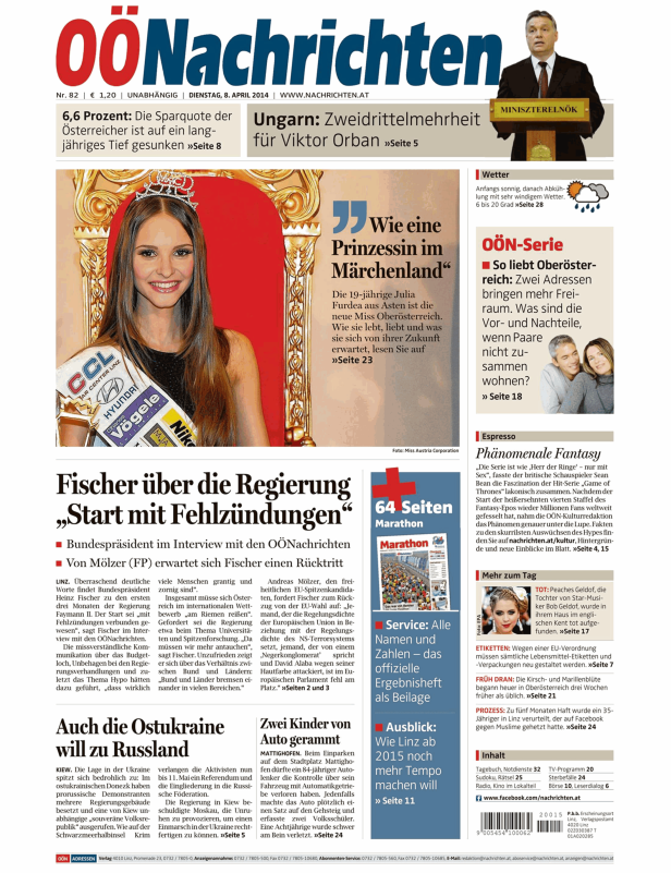 Titelseite der OÖNachrichten mit einem Bild von Julia Furdea, Miss Oberösterreich 2014.