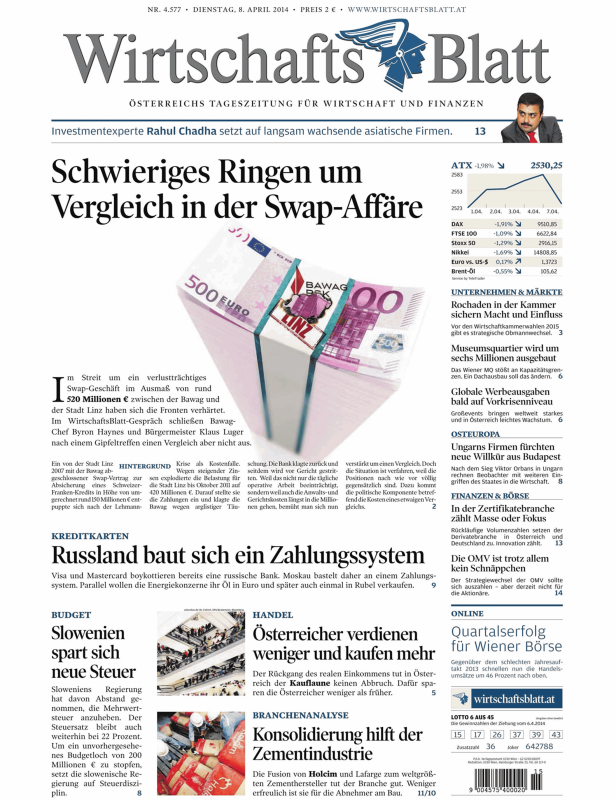 Titelseite des WirtschaftsBlatt zum Thema Swap-Geschäfte der Bawag und der Stadt Linz.