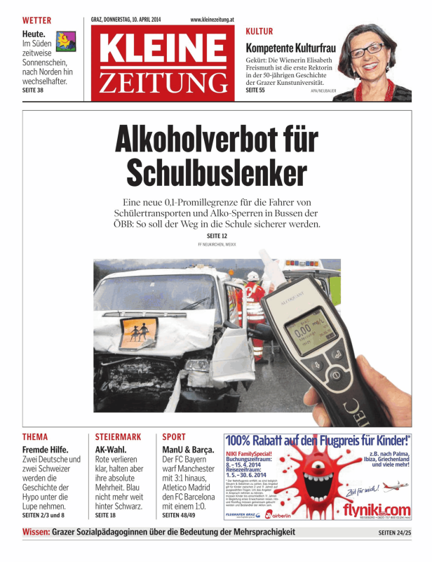 Ein Alkoholtester zeigt 0,00 mg/L neben einem beschädigten Schulbus.