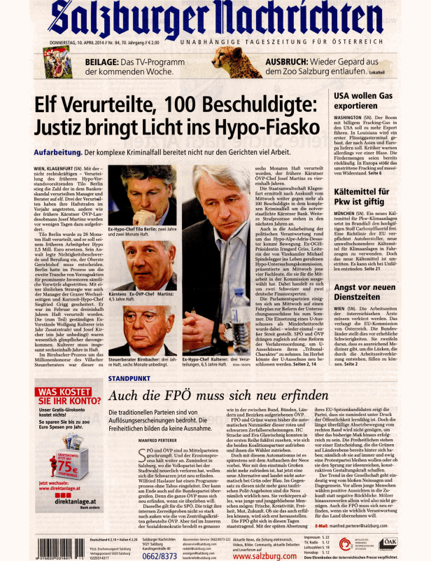 Titelseite der Salzburger Nachrichten vom 10. April 2014 mit Artikeln zu Hypo-Fiasko und FPÖ.