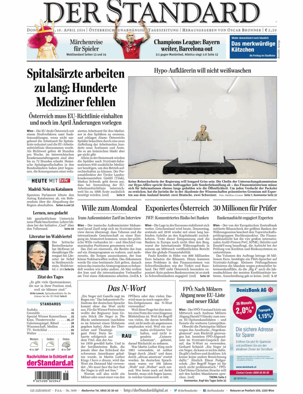 Titelseite der Zeitung „Der Standard“ vom 10. April 2014.