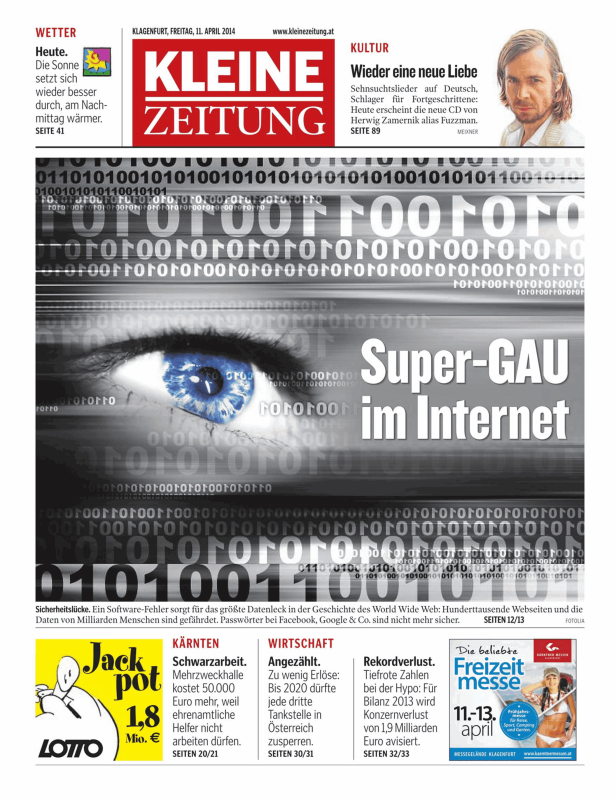 Titelseite der Kleinen Zeitung vom 11. April 2014 mit dem Titel „Super-GAU im Internet“.